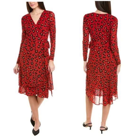 CABI Siren Red Black Leopard Print Sheer Sleeve Midi Wrap Dress Size Medium - Picture 1 of 8